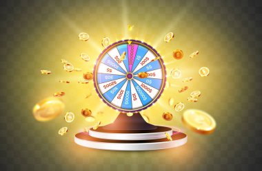 Vektör illüstrasyonu, ışık açık ve kaidede şans çarkı döndürüyor. Şeffaf arkaplan üzerinde gerçekçi 3D şanslı