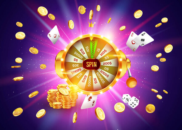 Vector illustration spinning fortune wheel on explosion of gold coins background and with light spotlights. Realistic 3d lucky roulette.