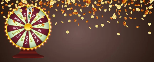 金のコインの背景の爆発に幸運ホイールを回転ベクトルイラスト 現実的な3Dラッキールーレット — ストックベクタ