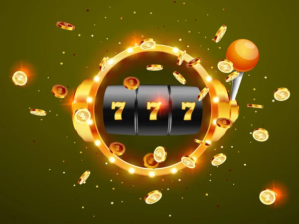 Zlatý Hrací Automat Vyhrává Jackpot 777 Pozadí Exploze Mincí Retro — Stockový vektor