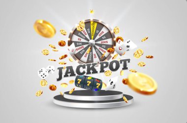 Piyango kelimesi, aydınlık bir çerçeve ve kumarla çevrili, podyumda, bir patlama madeni parasının üzerinde. Kumarhane ve kumarhane için yeni, en iyi şans pankartı.