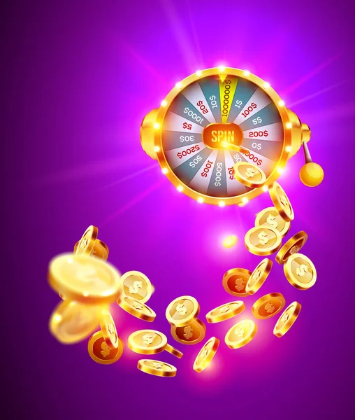 Illustration Vectorielle Tournant Fortune Roue Sur Explosion Pièces Fond Avec — Image vectorielle