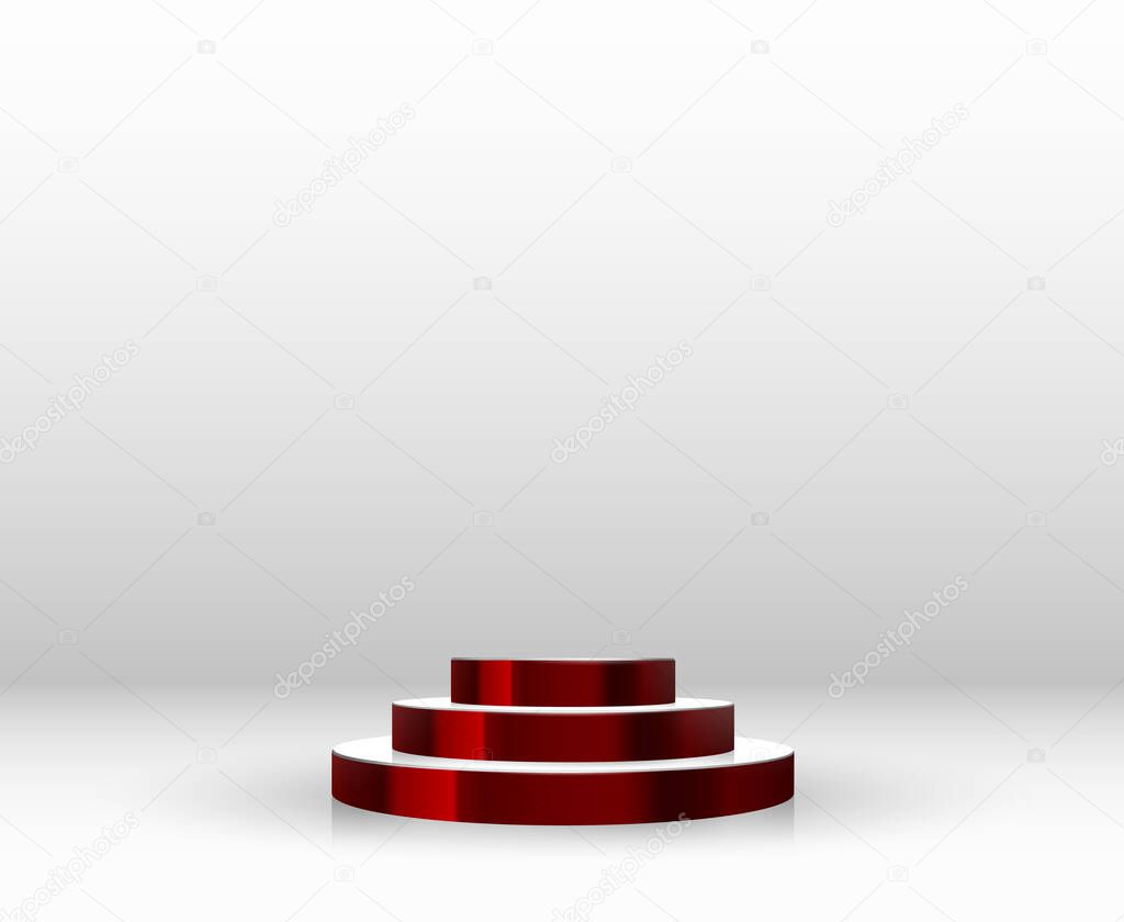 Empty round pedestal or platform for display, for design. Realistic 3D podium on white background. Vector illustration.