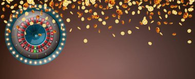 Vektör illüstrasyon kumar ruleti bozuk paralar üzerinde izole edilmiş patlama arka planı. Kumarhane için gerçekçi konsept tasarımı