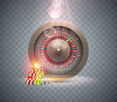 Vektör illüstrasyon kumar ruleti ve kumar fişleri çarkı, parlak bir spot ışığı ile çevrili, şeffaf bir arka planda izole. Kumarhane için gerçekçi konsept tasarımı