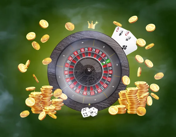 Ruleta Del Casino Rodeado Atributos Juego Sobre Fondo Monedas Explosión — Vector de stock