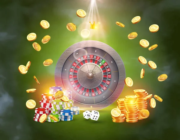 赌场轮盘赌 围绕着赌博的属性 在一个爆炸的硬币背景 赌场矢量图解的现实概念设计 — 图库矢量图片