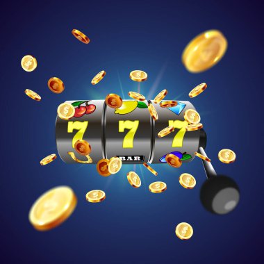 Siyah kumar makinesi, madeni para patlamasının arka planında büyük ikramiye 777 'yi kazanıyor. Vektör illüstrasyonu