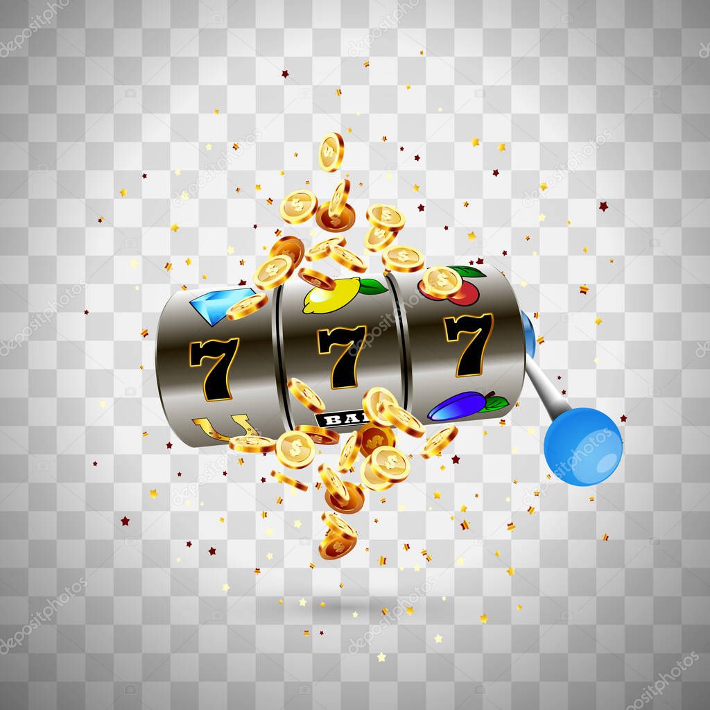Golden slot machine wins the jackpot 777 on transparent background of an explosion of coins. Vector illustration