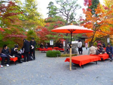 Kyoto şehir Eikando tapınakta sonbaharda turistler ve genellikle Japon bahçeleri içinde kırmızı akçaağaç yaprakları için öğrenciler tarafından ziyaret etti. Güneş'ten onarmak için şemsiye altında rahat banklar üzerinde turist tutun