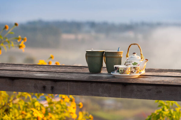 Beautiful Chinese tea set on wooden table