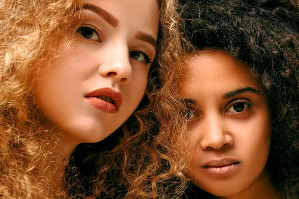 Portrait of two curly girls. Afro and blond