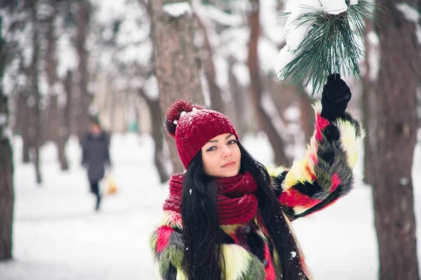 Дівчина стоїть під гілкою ялини — стокове фото