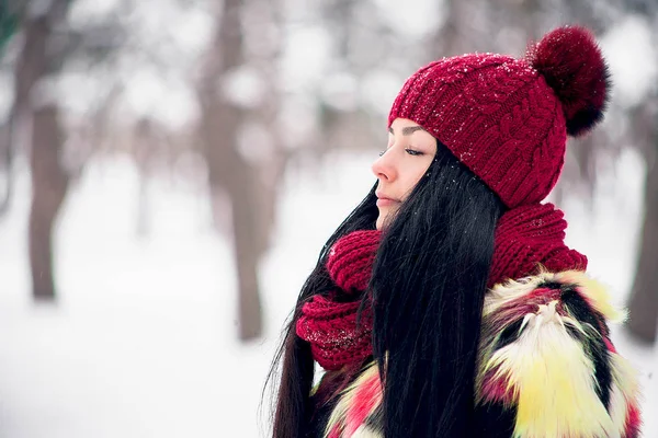 La chica respira un aliento de ensueño a través del aire fresco y helado —  Fotos de Stock