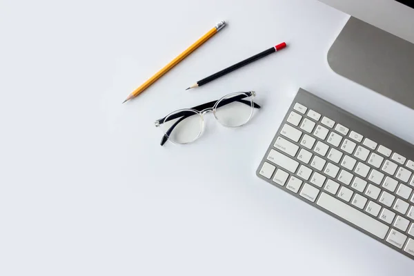 Conceito Negócio Vista Superior Área Trabalho Mesa Escritório Com Computador — Fotografia de Stock