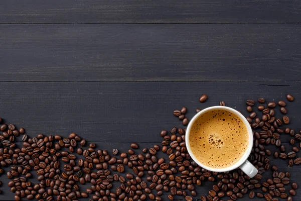 Café Caliente Frijol Sobre Fondo Madera Vista Superior — Foto de Stock