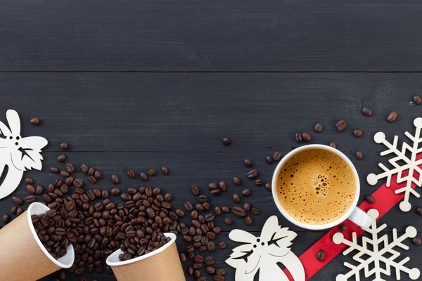 Tasse Café Chaud Sur Bois Noir Pendant Les Vacances Noël — Photo