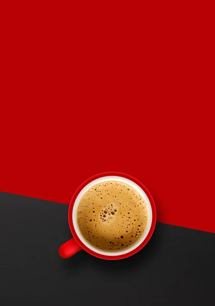 Kopje Koffie Rode Achtergrond Bovenaanzicht — Stockfoto