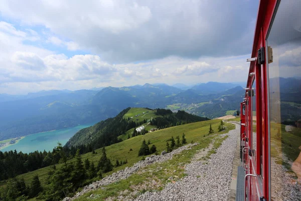 Een Oude Stoomlocomotief Klimt Schafbergbahn Naar Top Van Schafberg Rijden — Stockfoto