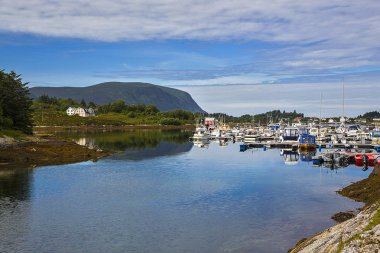 Güzel bulutlu fiyort manzarası ve önünde taşlar olan bir yol. Norveç.
