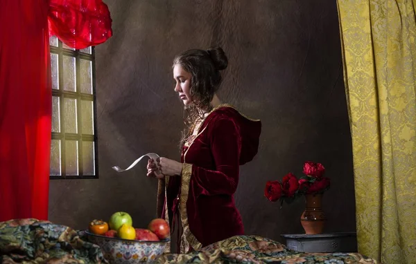 Vermeer Στυλ Πορτρέτο Ενός Νεαρού Κοριτσιού Αναγεννησιακό Κοστούμι Διαβάζοντας Ένα — Φωτογραφία Αρχείου