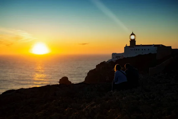 Faro Cabo Sao Vicente Sagres Portugal Atardecer Farol Cabo Sao — Foto de Stock