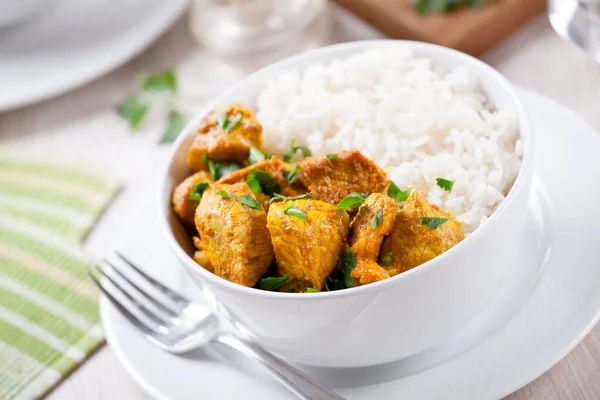 Skål Med Hemlagad Fläsk Curry Med Ris — Stockfoto