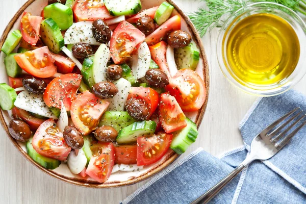 Cuenco Ensalada Griega Casera Con Verduras Orgánicas Queso Feta —  Fotos de Stock