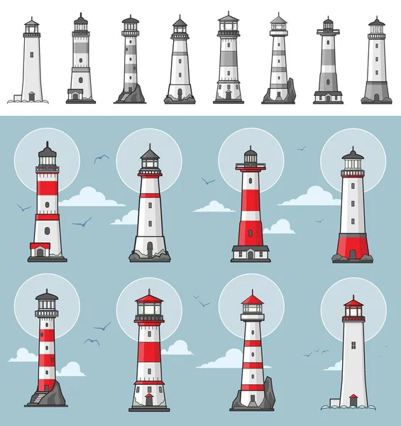 Collection of different lighthouse illustrations Stock Illustration