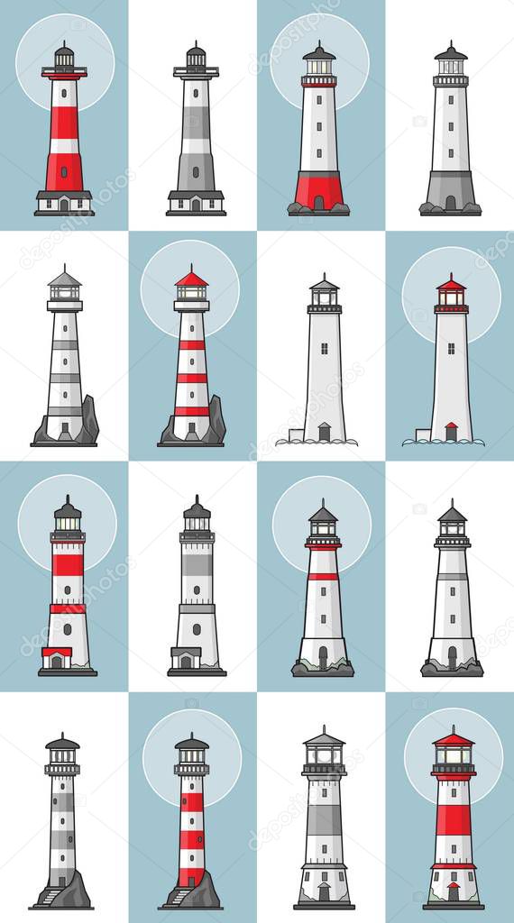 Vector set of cartoon flat lighthouses