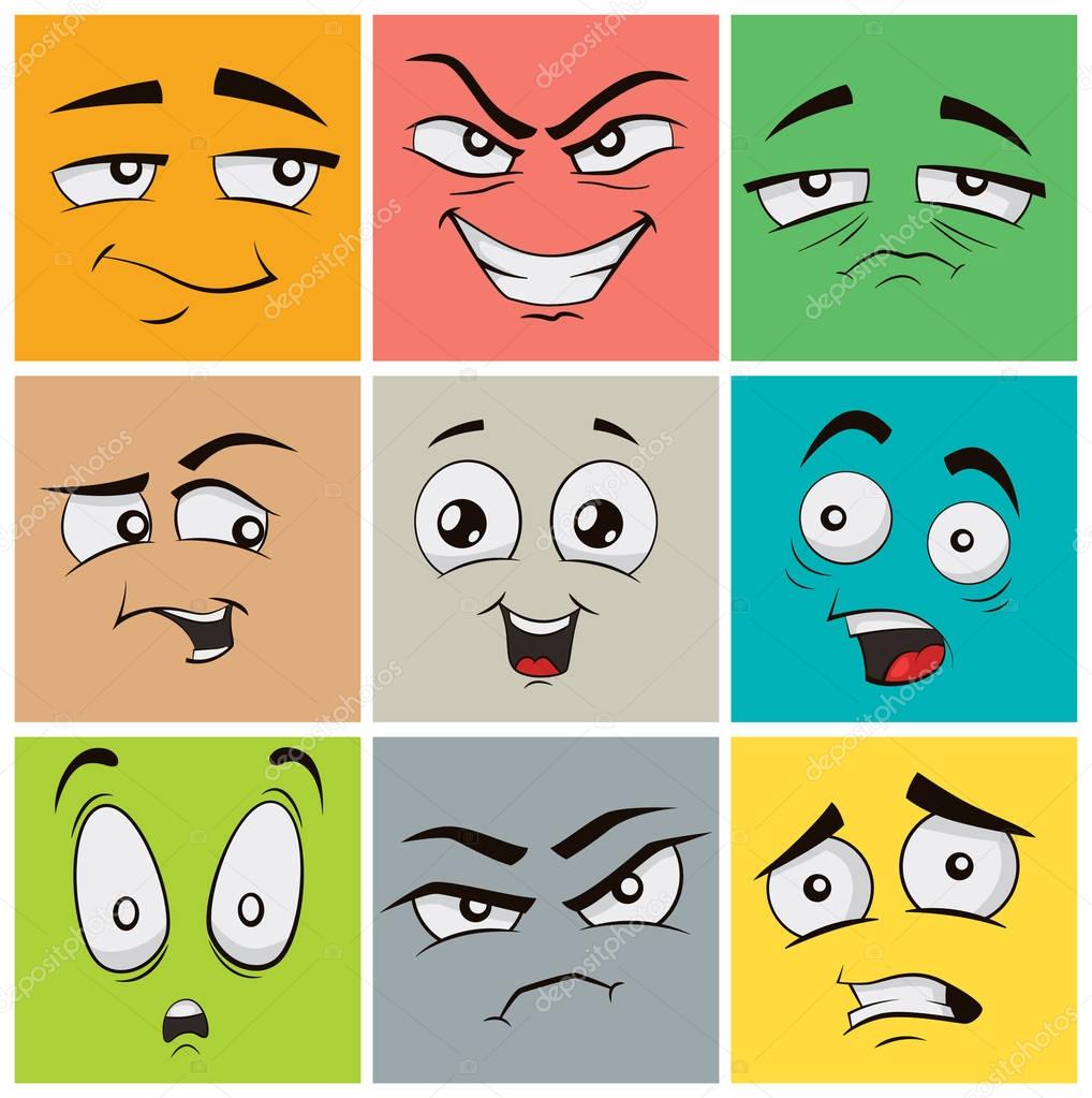 Funny cartoon faces with emotions. Vector clip art illustration.