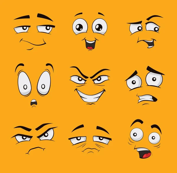 Grappige cartoon gezichten met emoties. — Stockvector