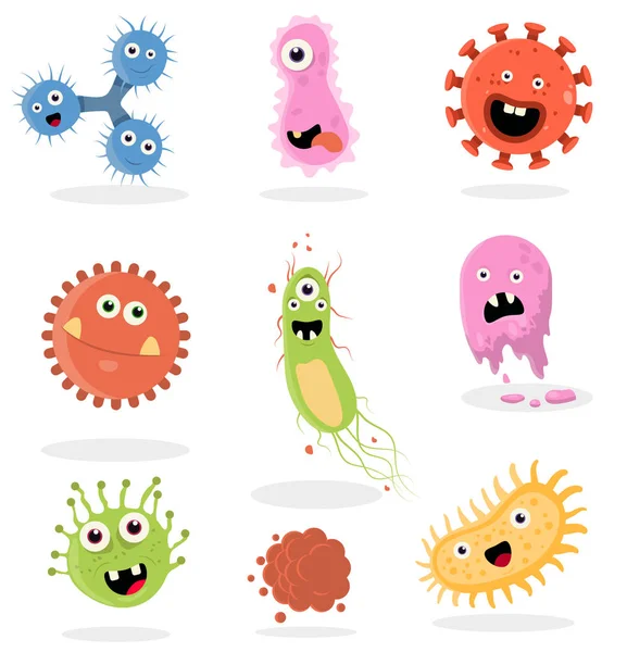 Lindas bacterias, virus, conjunto de personajes de dibujos animados de gérmenes — Vector de stock