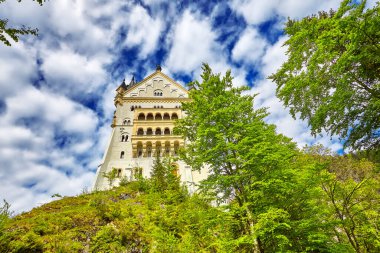 Neuschwanstein, Almanya 'nın Bavyera kentindeki Münih yakınlarındaki peri masalı şatosunun manzara resmi.
