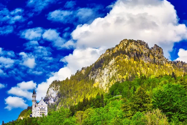 Neuschwanstein Sommarlandskap Panorama Bild Sagoslottet Nära München Bayern Tyskland — Stockfoto