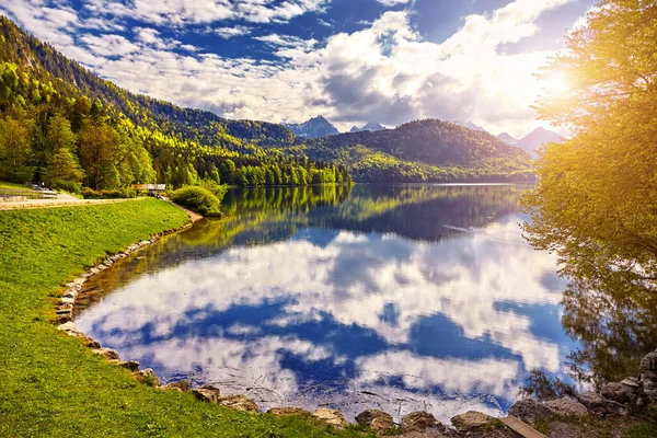 Der Majestätische Sonnenuntergang Hohenschwangauer See Bayerische Alpen Deutschland — Stockfoto