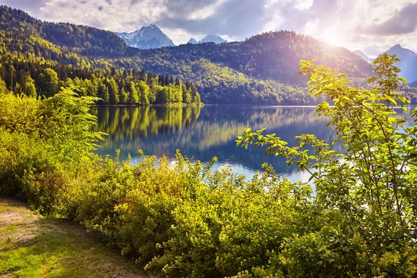 Der Majestätische Sonnenuntergang Hohenschwangauer See Bayerische Alpen Deutschland — Stockfoto