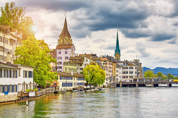 The Zurich, Switzerland. View of the historic city center on the Limmat river