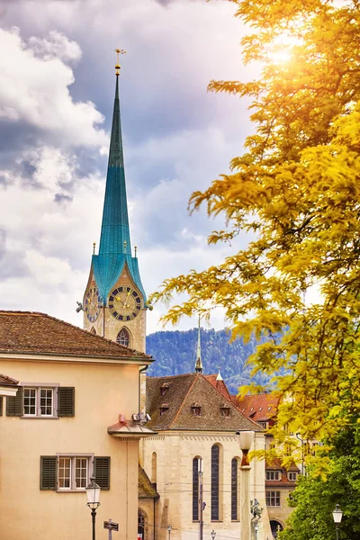 Zurich Switzerland View Historic City Center Famous Fraumunster Church Limmat — Stock Photo, Image