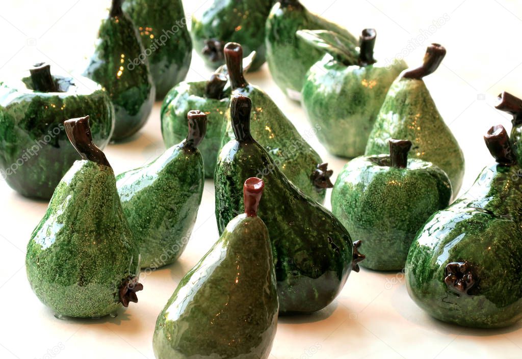 Realistic Pear Pottery Sculptures in clear coated clay