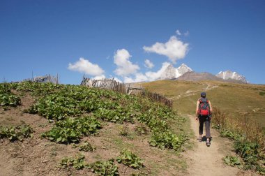 Turistler dır üst, Mestia Gürcistan'daki yakın giden yolda