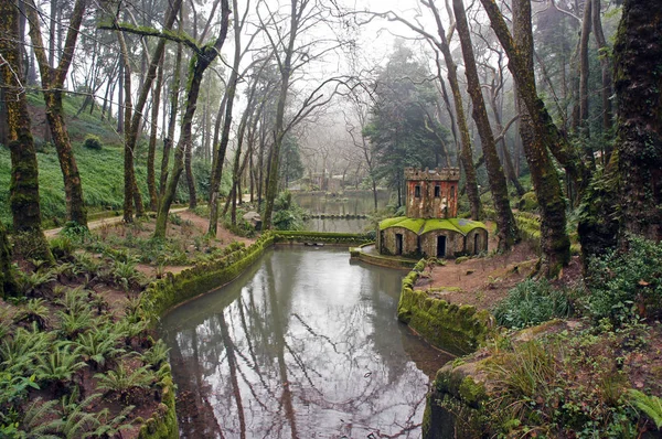 Kachní dům a rybník na řece v parku Da Pena, Sintra během mlhavé a deštivé počasí — Stock fotografie