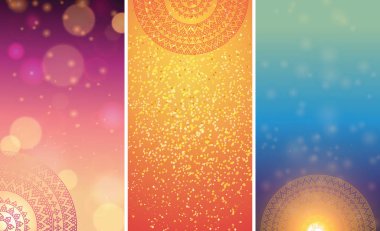 Hint ülke süsleme illüstrasyon kavramı kümesi. Etnik ve renkli kına Mandala tasarım, festival ve glitter bokeh arka plan.