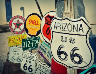 Route 66 decorations in the city of Seligman in Arizona.  clipart