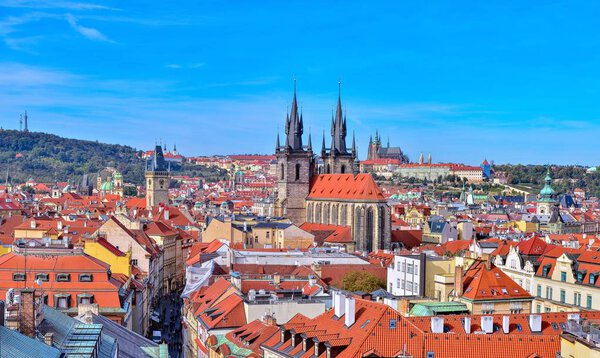 View of colorful old town in Prague taken from The Powder Tower, Czech Republic
