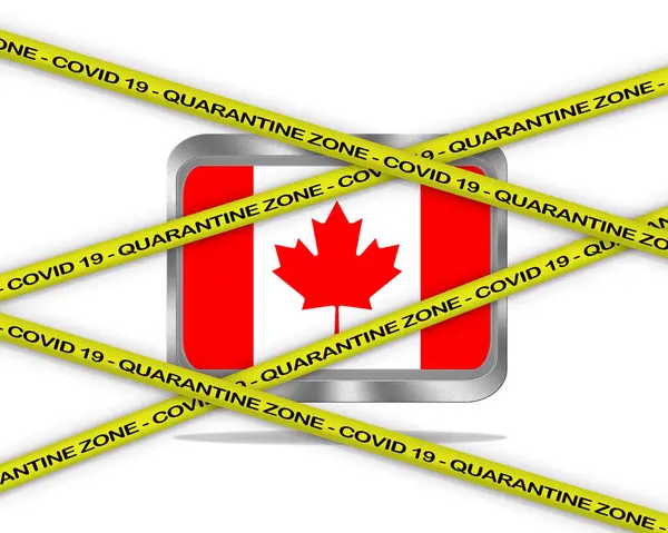 Covid Uyarı Sarı Kurdele Ile Yazılmış Karantina Bölgesi Kanada Bayrak — Stok fotoğraf