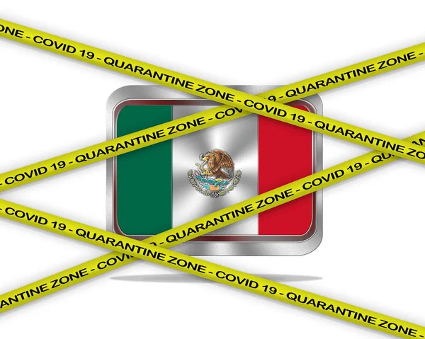 Covid Warning Yellow Ribbon Written Quarantine Zone Cover Mexico Flag — Stock Photo, Image