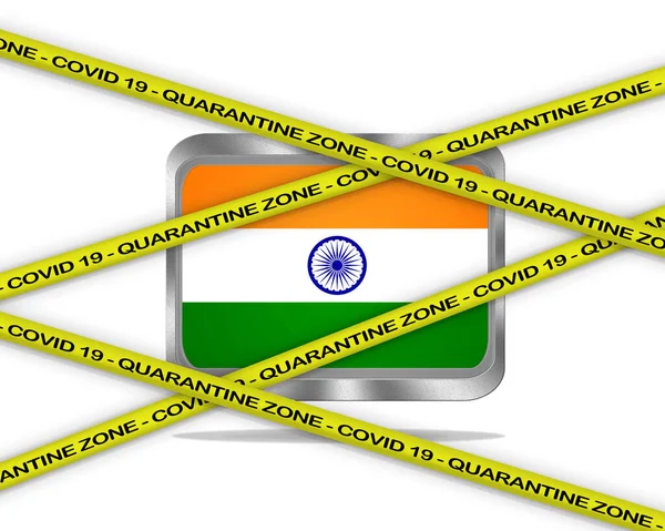 Covid Warning Yellow Ribbon Written Quarantine Zone Cover India Flag — Stock Photo, Image