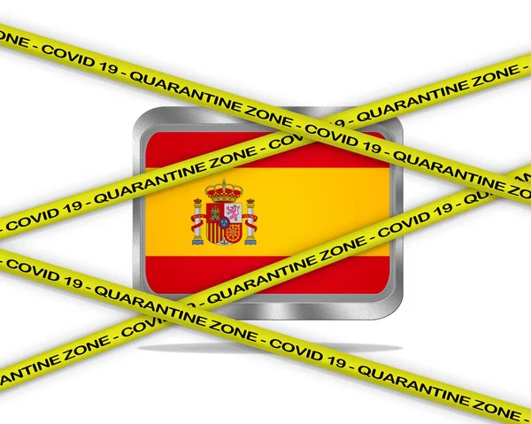 Жёлтая Лента Covid Написана Иллюстрации Флага Испании Область Опасности Коронавируса — стоковое фото