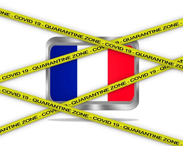 Covid Warning Yellow Ribbon Written Quarantine Zone Cover France Flag — Stock Photo, Image